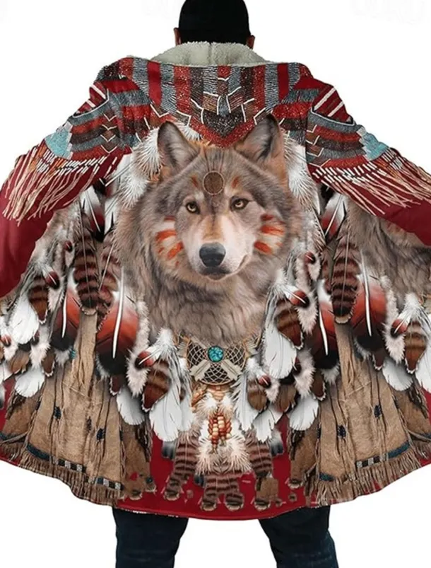Men's Wolf Winter Coat Fleece Jacket Coat Warm Breathable Comfortable Vintage Abstract Sports & Outdoor Daily Wear Going out Zipper Pocket Print Fall & Winter Hoodie Long Sleeve Burgundy