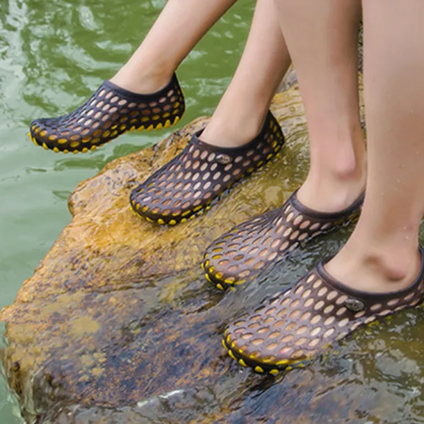 Men's Women's Black and Blue Barefoot Perforated Slip-On Water Shoes with Rubber Sole for Comfortable Beach and Water Activities