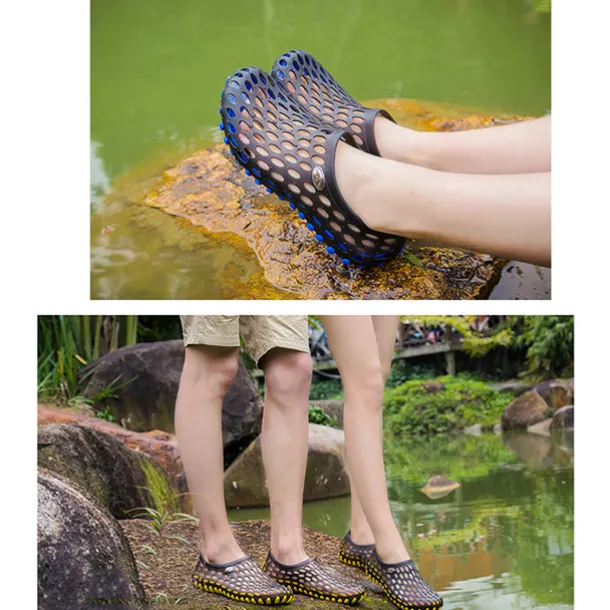 Men's Women's Black and Blue Barefoot Perforated Slip-On Water Shoes with Rubber Sole for Comfortable Beach and Water Activities