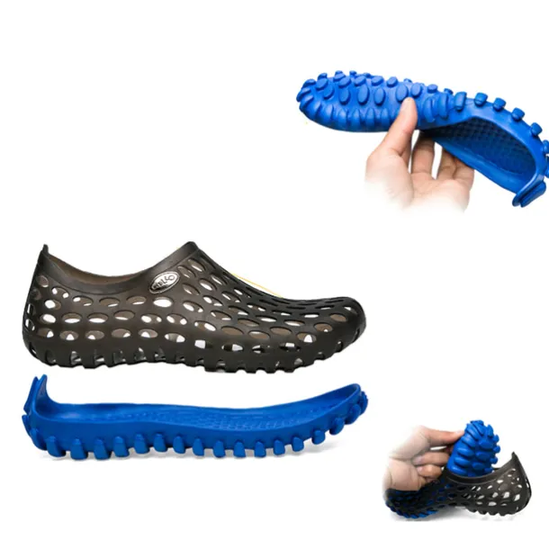 Men's Women's Black and Blue Barefoot Perforated Slip-On Water Shoes with Rubber Sole for Comfortable Beach and Water Activities