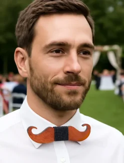 Men's Wooden Laser-Cut Bow Tie with Black Denim Accent – Stylish and Unique Fashion Accessory for Weddings, Parties and Formal Occasions