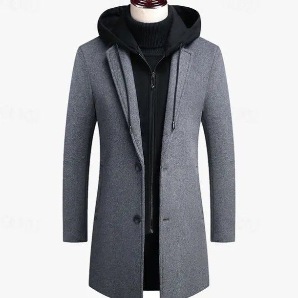 Men's Wool Coat Overcoat Trench Coat Long Trench Coat Daily Vacation Fall & Winter Wool Thermal Warm Windproof Outerwear Clothing Apparel Fashion Classic Color Block Pocket Hooded Single Breasted