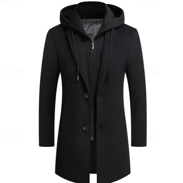 Men's Wool Coat Overcoat Trench Coat Long Trench Coat Daily Vacation Fall & Winter Wool Thermal Warm Windproof Outerwear Clothing Apparel Fashion Classic Color Block Pocket Hooded Single Breasted