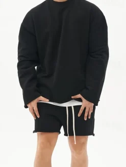 Men's Workout Set Tracksuit Sweatshirt & Shorts Set Outfit Set Crew Neck Outdoor Daily Sports Pocket Drawstring 2 Piece Plain Black White Khaki Activewear Classic Casual Summer