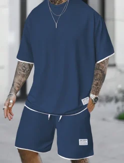 Men's Workout Set Tracksuit T shirt & Shorts Set Outfit Set Crew Neck Outdoor Daily Sports Pocket Drawstring 2 Piece Plain Light Green Pink Red Polyester Activewear Classic Casual Summer