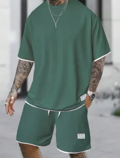 Men's Workout Set Tracksuit T shirt & Shorts Set Outfit Set Crew Neck Outdoor Daily Sports Pocket Drawstring 2 Piece Plain Light Green Pink Red Polyester Activewear Classic Casual Summer