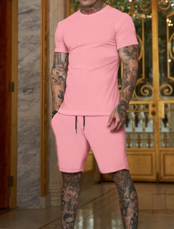 Men's Workout Set Tracksuit T shirt & Shorts Set Outfit Set Crew Neck Outdoor Daily Sports Pocket Drawstring 2 Piece Plain Black White Yellow Polyester Activewear Classic Casual Summer