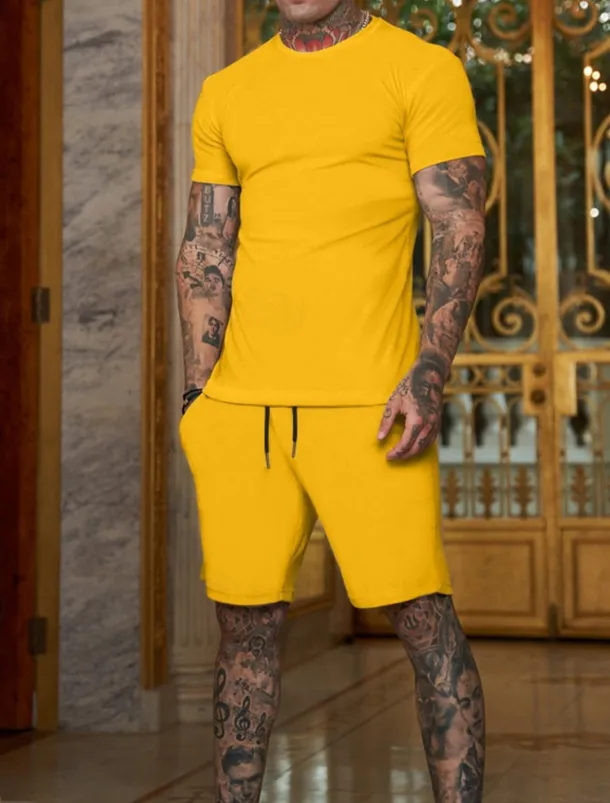 Men's Workout Set Tracksuit T shirt & Shorts Set Outfit Set Crew Neck Outdoor Daily Sports Pocket Drawstring 2 Piece Plain Black White Yellow Polyester Activewear Classic Casual Summer