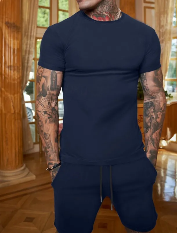 Men's Workout Set Tracksuit T shirt & Shorts Set Outfit Set Crew Neck Outdoor Daily Sports Pocket Drawstring 2 Piece Plain Black White Yellow Polyester Activewear Classic Casual Summer