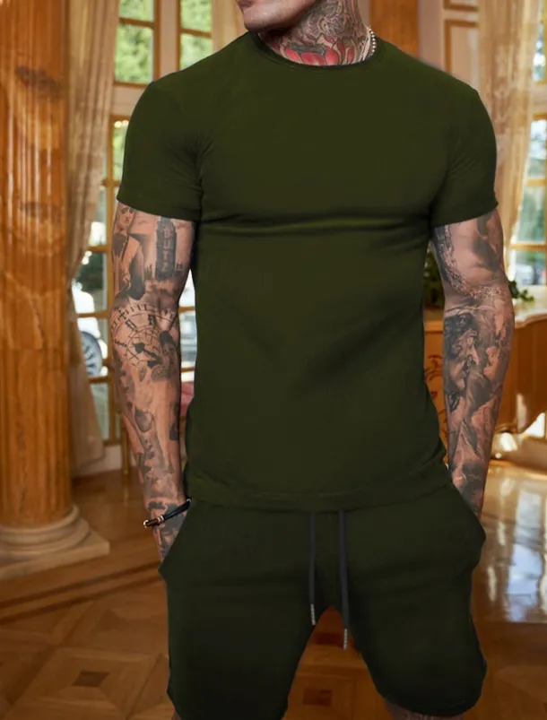 Men's Workout Set Tracksuit T shirt & Shorts Set Outfit Set Crew Neck Outdoor Daily Sports Pocket Drawstring 2 Piece Plain Black White Yellow Polyester Activewear Classic Casual Summer