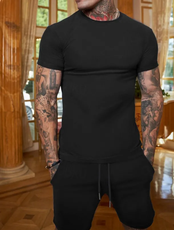 Men's Workout Set Tracksuit T shirt & Shorts Set Outfit Set Crew Neck Outdoor Daily Sports Pocket Drawstring 2 Piece Plain Black White Yellow Polyester Activewear Classic Casual Summer