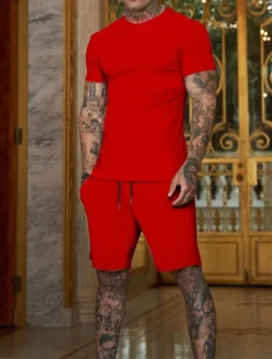 Men's Workout Set Tracksuit T shirt & Shorts Set Outfit Set Crew Neck Outdoor Daily Sports Pocket Drawstring 2 Piece Plain Black White Yellow Polyester Activewear Classic Casual Summer