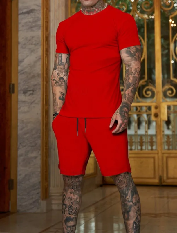 Men's Workout Set Tracksuit T shirt & Shorts Set Outfit Set Crew Neck Outdoor Daily Sports Pocket Drawstring 2 Piece Plain Black White Yellow Polyester Activewear Classic Casual Summer