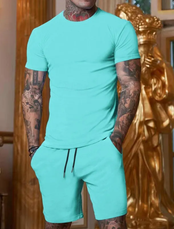 Men's Workout Set Tracksuit T shirt & Shorts Set Outfit Set Crew Neck Outdoor Daily Sports Pocket Drawstring 2 Piece Plain Black White Yellow Polyester Activewear Classic Casual Summer