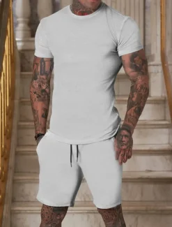 Men's Workout Set Tracksuit T shirt & Shorts Set Outfit Set Crew Neck Outdoor Daily Sports Pocket Drawstring 2 Piece Plain Black White Yellow Polyester Activewear Classic Casual Summer