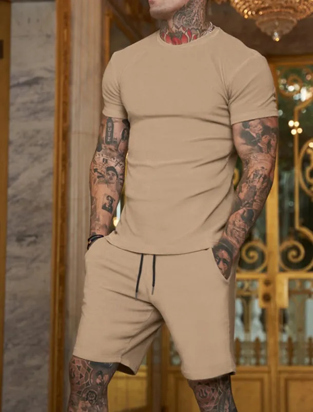 Men's Workout Set Tracksuit T shirt & Shorts Set Outfit Set Crew Neck Outdoor Daily Sports Pocket Drawstring 2 Piece Plain Black White Yellow Polyester Activewear Classic Casual Summer