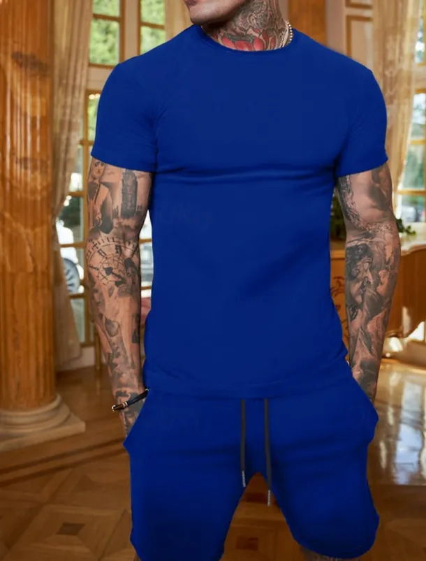 Men's Workout Set Tracksuit T shirt & Shorts Set Outfit Set Crew Neck Outdoor Daily Sports Pocket Drawstring 2 Piece Plain Black White Yellow Polyester Activewear Classic Casual Summer