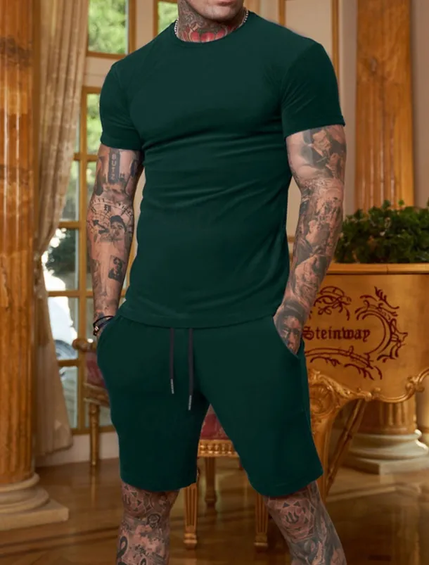 Men's Workout Set Tracksuit T shirt & Shorts Set Outfit Set Crew Neck Outdoor Daily Sports Pocket Drawstring 2 Piece Plain Black White Yellow Polyester Activewear Classic Casual Summer