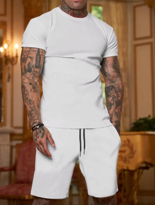 Men's Workout Set Tracksuit T shirt & Shorts Set Outfit Set Crew Neck Outdoor Daily Sports Pocket Drawstring 2 Piece Plain Black White Yellow Polyester Activewear Classic Casual Summer