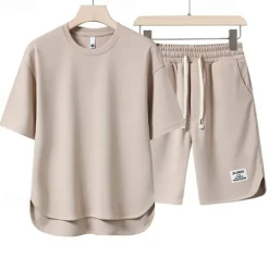 Men's Workout Set Tracksuit T shirt & Shorts Set Outfit Set Crew Neck Outdoor Daily Sports Pocket Drawstring 2 Piece Plain Black White Apricot Polyester Activewear Classic Casual Summer