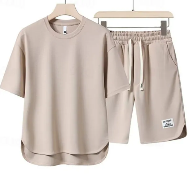 Men's Workout Set Tracksuit T shirt & Shorts Set Outfit Set Crew Neck Outdoor Daily Sports Pocket Drawstring 2 Piece Plain Black White Apricot Polyester Activewear Classic Casual Summer