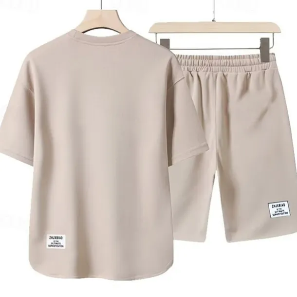 Men's Workout Set Tracksuit T shirt & Shorts Set Outfit Set Crew Neck Outdoor Daily Sports Pocket Drawstring 2 Piece Plain Black White Apricot Polyester Activewear Classic Casual Summer