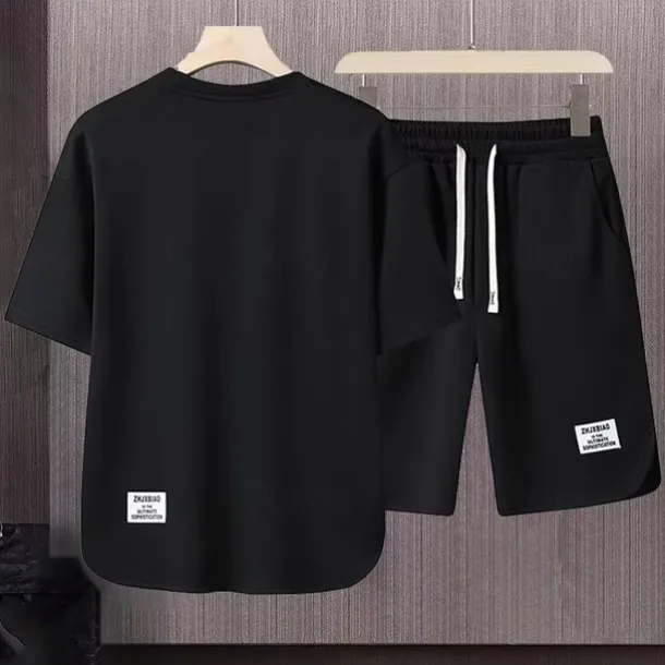 Men's Workout Set Tracksuit T shirt & Shorts Set Outfit Set Crew Neck Outdoor Daily Sports Pocket Drawstring 2 Piece Plain Black White Apricot Polyester Activewear Classic Casual Summer