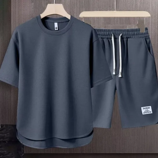 Men's Workout Set Tracksuit T shirt & Shorts Set Outfit Set Crew Neck Outdoor Daily Sports Pocket Drawstring 2 Piece Plain Black White Apricot Polyester Activewear Classic Casual Summer