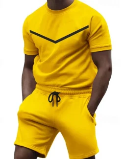 Men's Workout Set Tracksuit T shirt & Shorts Set Crew Neck Outdoor Daily Sports Pocket Drawstring 2 Piece Color Block Black White Yellow Polyester Activewear Classic Casual Summer