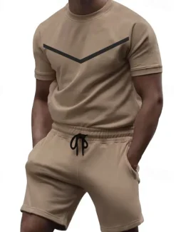 Men's Workout Set Tracksuit T shirt & Shorts Set Crew Neck Outdoor Daily Sports Pocket Drawstring 2 Piece Color Block Black White Yellow Polyester Activewear Classic Casual Summer