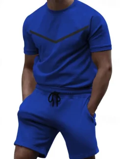 Men's Workout Set Tracksuit T shirt & Shorts Set Crew Neck Outdoor Daily Sports Pocket Drawstring 2 Piece Color Block Black White Yellow Polyester Activewear Classic Casual Summer