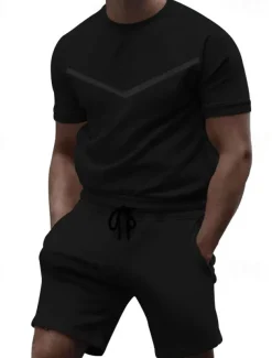 Men's Workout Set Tracksuit T shirt & Shorts Set Crew Neck Outdoor Daily Sports Pocket Drawstring 2 Piece Color Block Black White Yellow Polyester Activewear Classic Casual Summer