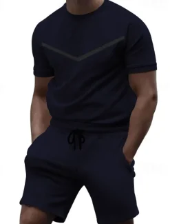 Men's Workout Set Tracksuit T shirt & Shorts Set Crew Neck Outdoor Daily Sports Pocket Drawstring 2 Piece Color Block Black White Yellow Polyester Activewear Classic Casual Summer