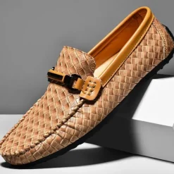 Men's Woven Leather Loafers - Stylish Buckle Slip-On Dress Shoes for Formal and Casual Occasions