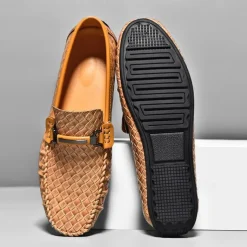Men's Woven Leather Loafers - Stylish Buckle Slip-On Dress Shoes for Formal and Casual Occasions