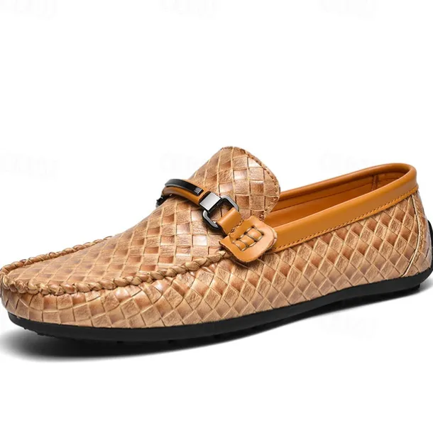 Men's Woven Leather Loafers - Stylish Buckle Slip-On Dress Shoes for Formal and Casual Occasions