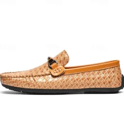 Men's Woven Leather Loafers - Stylish Buckle Slip-On Dress Shoes for Formal and Casual Occasions