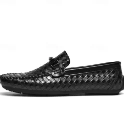 Men's Woven Leather Loafers - Stylish Buckle Slip-On Dress Shoes for Formal and Casual Occasions