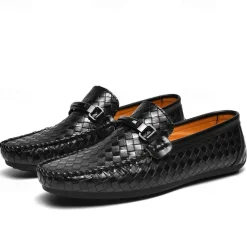 Men's Woven Leather Loafers - Stylish Buckle Slip-On Dress Shoes for Formal and Casual Occasions