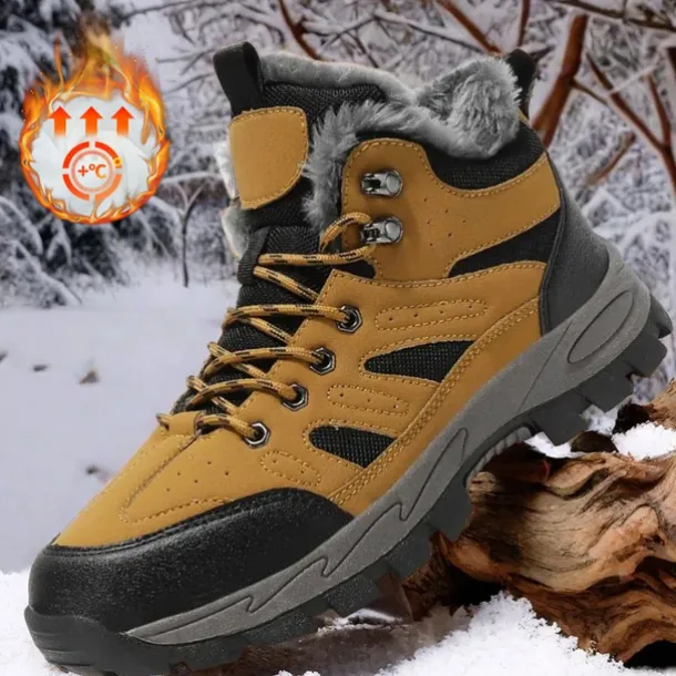 Men's Yellow Hiking Boots with Fur Lining – Waterproof Outdoor Winter Shoes with Anti-Slip Rugged Soles
