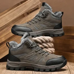 Men's Yellow Hiking Boots with Fur Lining – Waterproof Outdoor Winter Shoes with Anti-Slip Rugged Soles