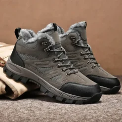 Men's Yellow Hiking Boots with Fur Lining – Waterproof Outdoor Winter Shoes with Anti-Slip Rugged Soles