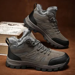 Men's Yellow Hiking Boots with Fur Lining – Waterproof Outdoor Winter Shoes with Anti-Slip Rugged Soles