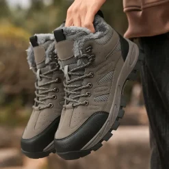 Men's Yellow Hiking Boots with Fur Lining – Waterproof Outdoor Winter Shoes with Anti-Slip Rugged Soles