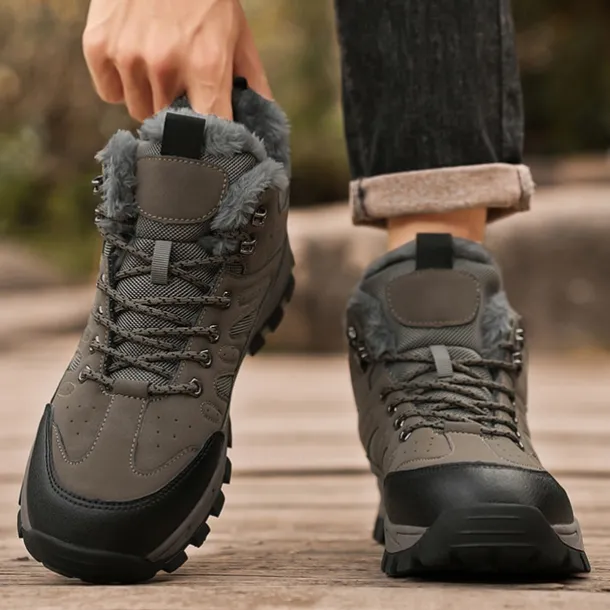 Men's Yellow Hiking Boots with Fur Lining – Waterproof Outdoor Winter Shoes with Anti-Slip Rugged Soles