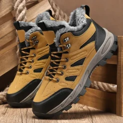 Men's Yellow Hiking Boots with Fur Lining – Waterproof Outdoor Winter Shoes with Anti-Slip Rugged Soles