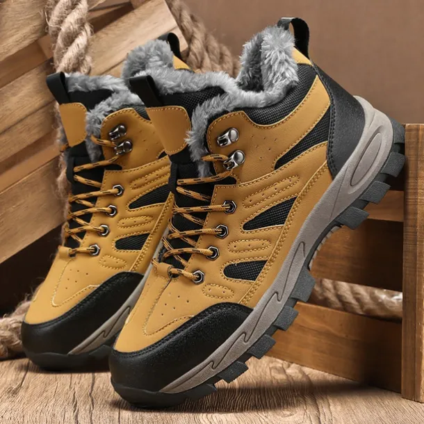 Men's Yellow Hiking Boots with Fur Lining – Waterproof Outdoor Winter Shoes with Anti-Slip Rugged Soles