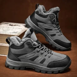 Men's Yellow Hiking Boots with Fur Lining – Waterproof Outdoor Winter Shoes with Anti-Slip Rugged Soles