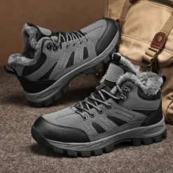 Men's Yellow Hiking Boots with Fur Lining – Waterproof Outdoor Winter Shoes with Anti-Slip Rugged Soles