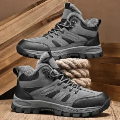 Men's Yellow Hiking Boots with Fur Lining – Waterproof Outdoor Winter Shoes with Anti-Slip Rugged Soles